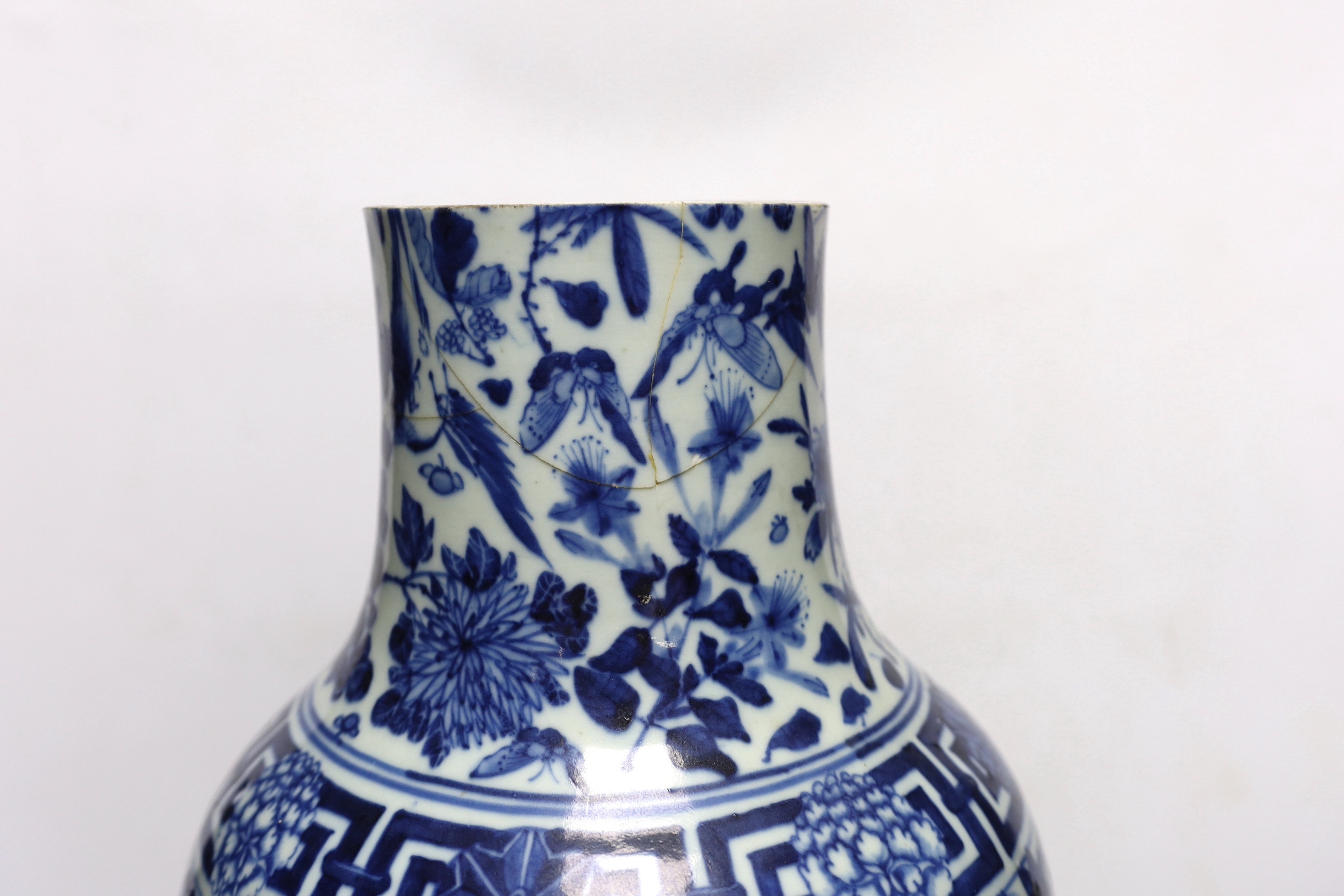 A large Chinese blue and white ‘birds amid foliage’ vase, late 19th century, 54cm